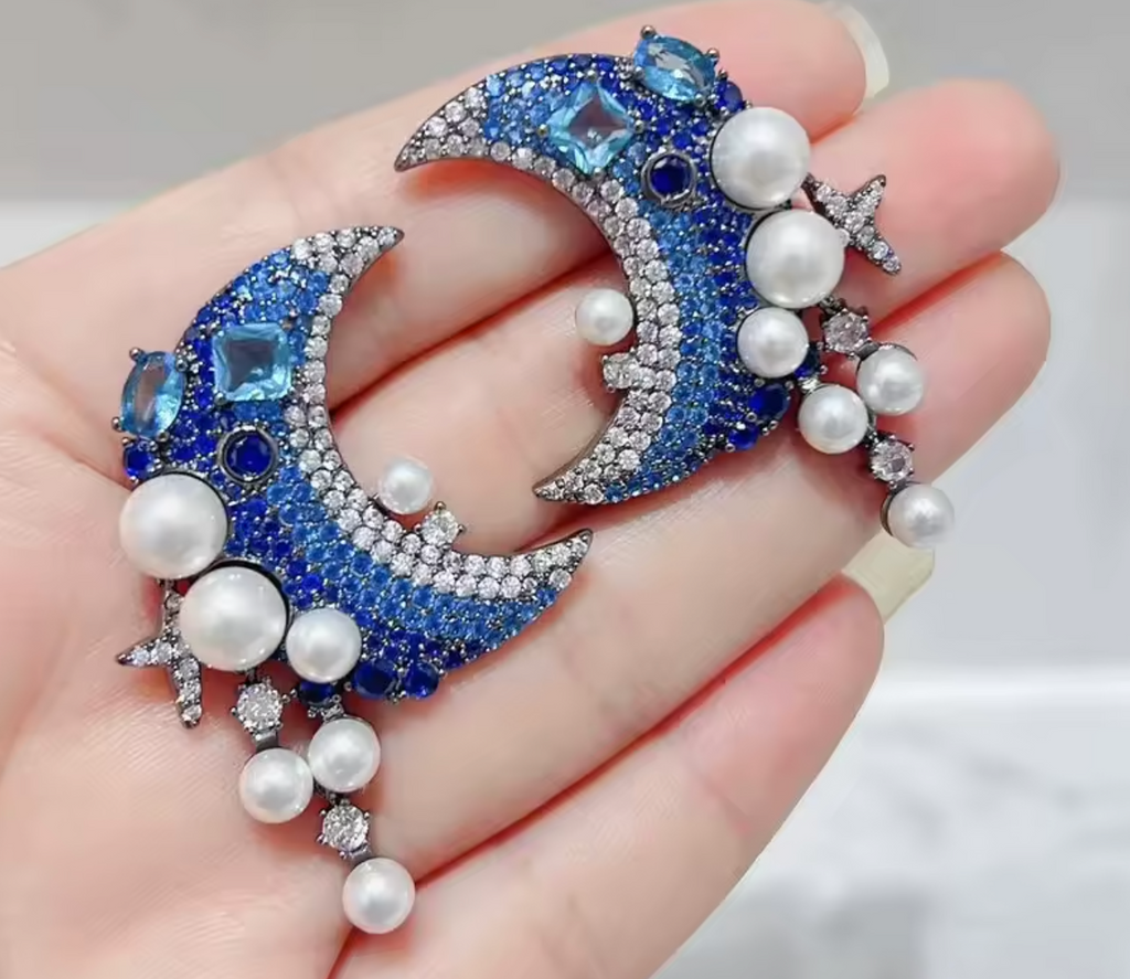 Royal Blue Cubic Zirconia & White Pearl Moon Drop Earrings