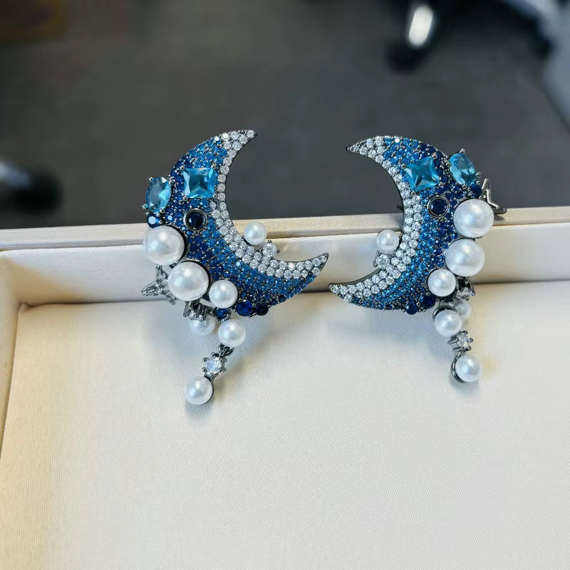 Royal Blue Cubic Zirconia & White Pearl Moon Drop Earrings