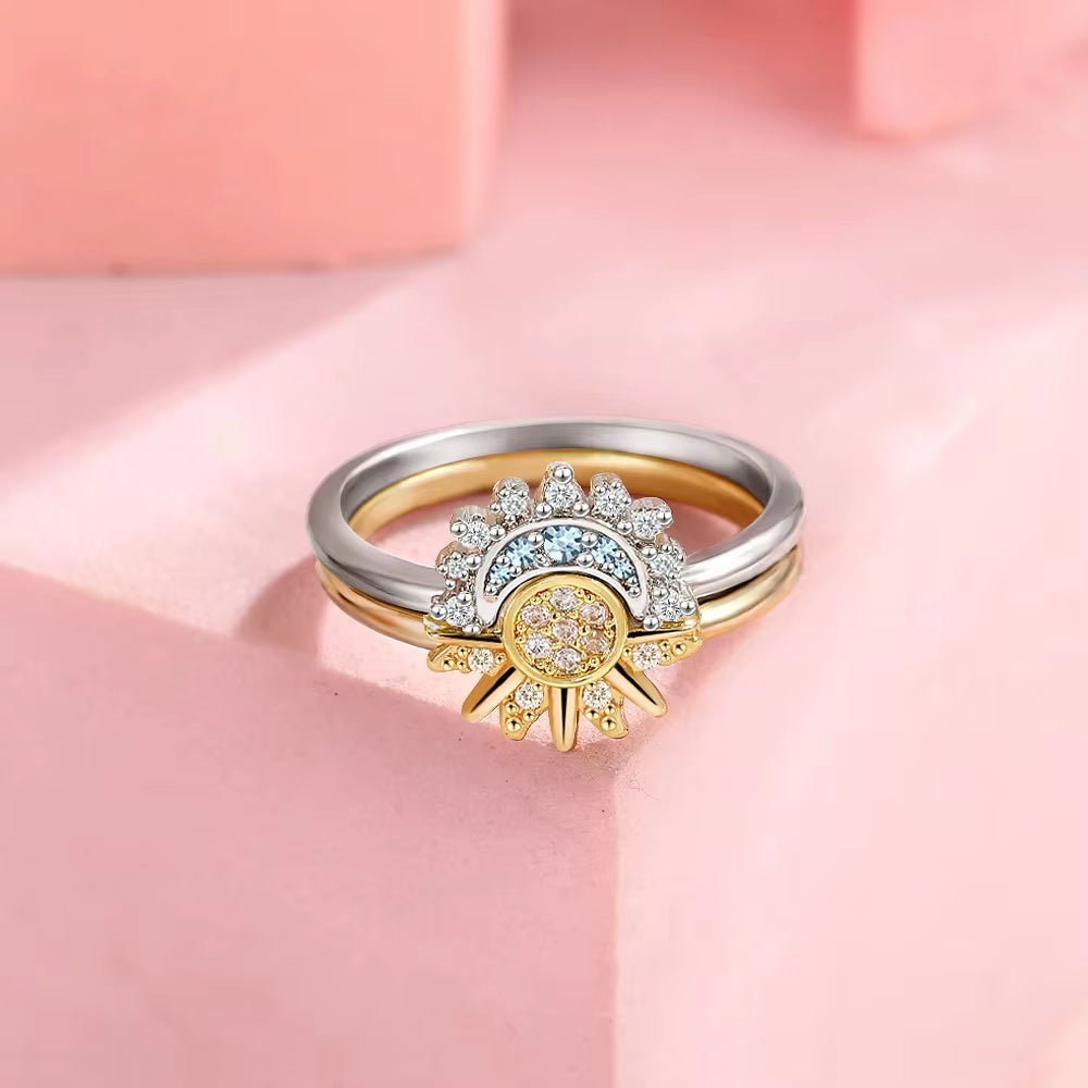 925 Sterling Silver Sun and Moon Couple Ring Set