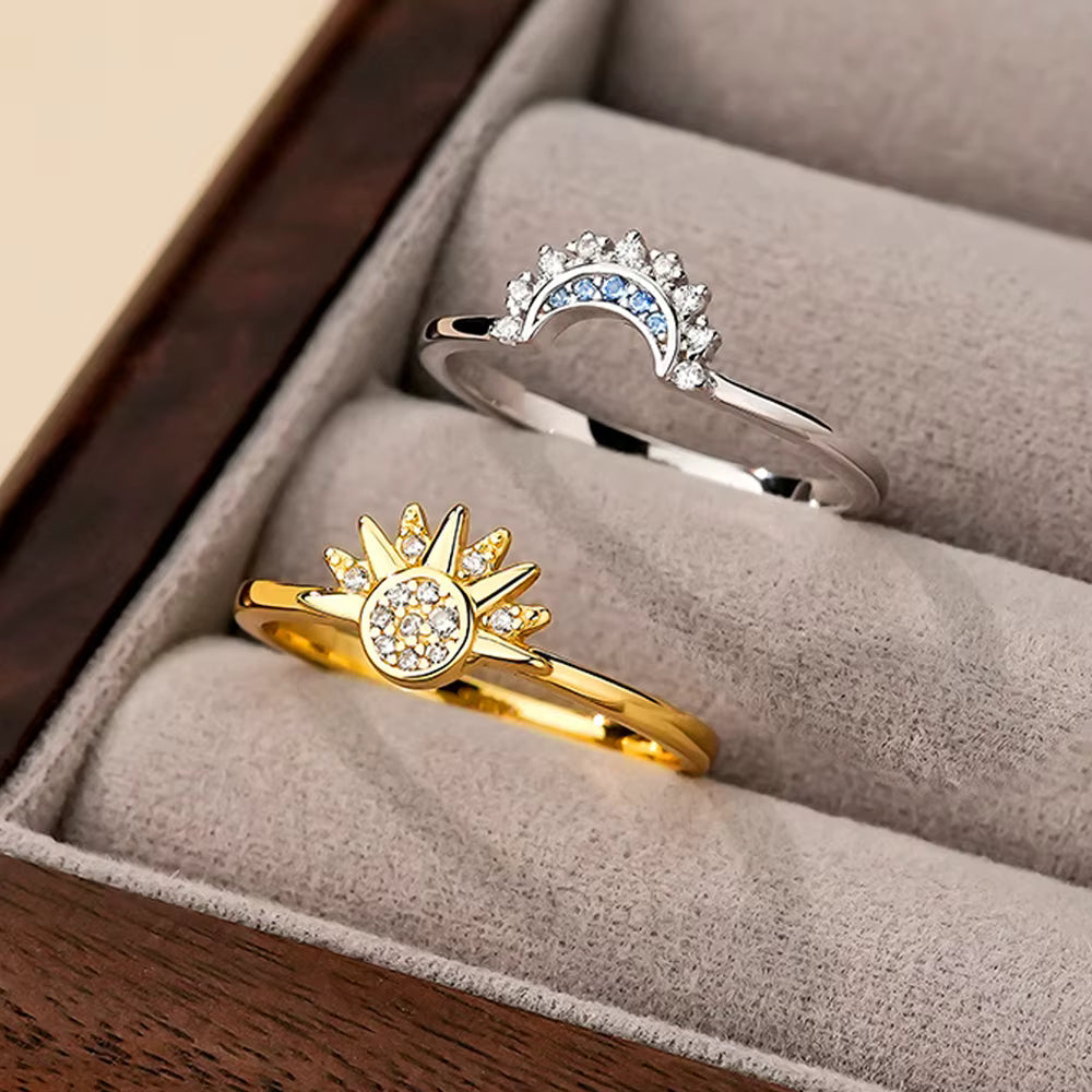 925 Sterling Silver Sun and Moon Couple Ring Set